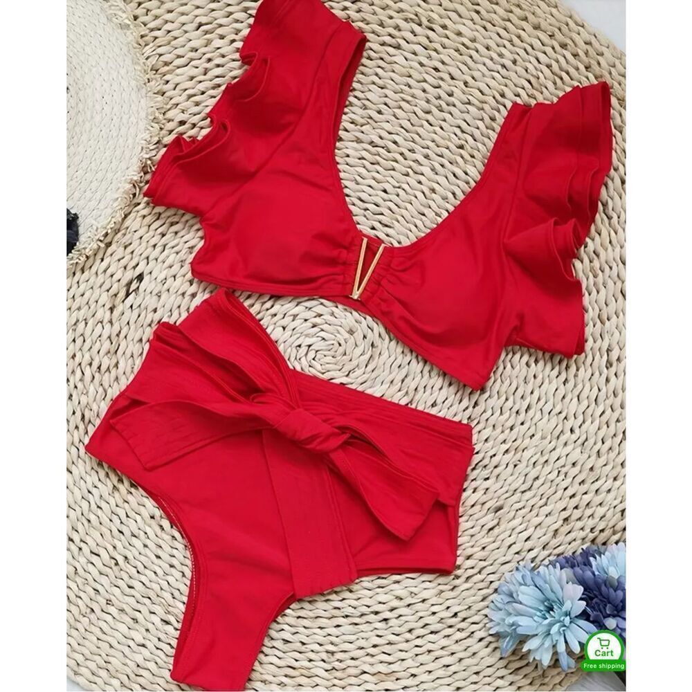 Women’s New Red Ruffled 2 Piece Swimsuit L